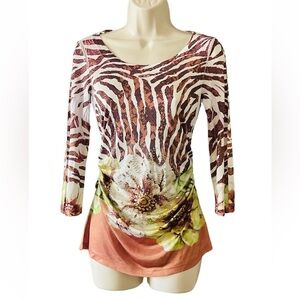 Vintage Cache Striped Floral Beaded Ruched Shirt Size S Grunge Y2K USA Retro